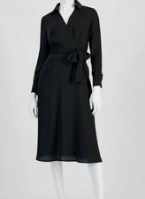 Tahari ASL Women's Black Collared Waist-Tie Stretch Midi Dress Size 8
