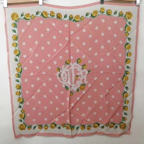 Foulard CHRISTIAN DIOR motif pois de fleurs rose/gris