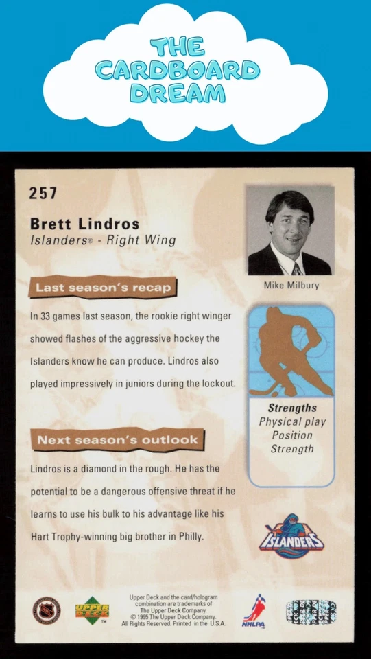 Brett Lindros 1995-96 Upper Deck #257 New York Islanders Hockey Card - Image 2 of 2