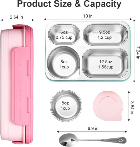 36oz Stainless Steel Bento Box, 4 Compartments, Leak-Proof, Dishwasher Safe - Picture 9 of 9
