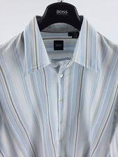 Hugo Boss Men's Size XL White  Blue Barcode Striped Long Sleeve Shirt Flaw 