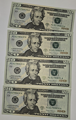 4 Bills 2017 A Series UNCIRCULATED SEQUENTIAL $20.00 Dollar 4 Bills 2017 A Series UNCIRCULATED SEQUENTIAL $20.00 Dollar