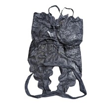 Black Lace Teddy Thong Womens Size Small Floral Plunging Halter Top Bodysuit