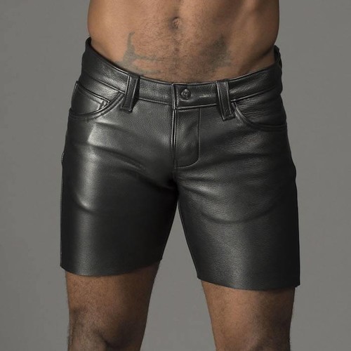 New Black Real Leather Shorts Male Five 