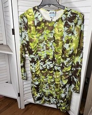 NWT Future Collective Bodycon Dress Sz Large Green Floral Chiffon Lined Ruched