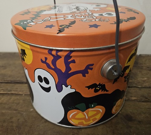 BEAUTIFUL VINTAGE TIN PAIL HAPPY HALLOWEEN 1980'S-90'S GHOSTS BATS NICE LITHOS - Picture 9 of 17