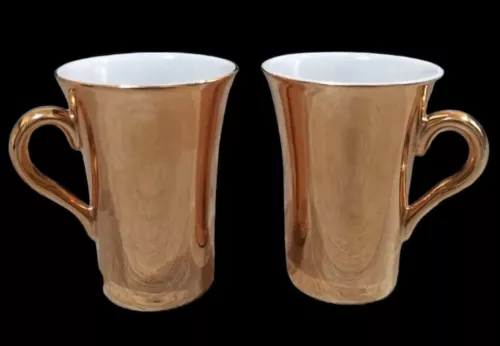 2 Vtg HALL CHINA Co. For Gumps San Francisco Dept. Store Gold 4" Coffee Tea Mugs