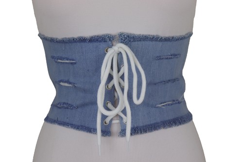 Women Wide Corset Light Blue Denim Fabric Junior Style Teen Belt Size S M - Picture 21 of 23