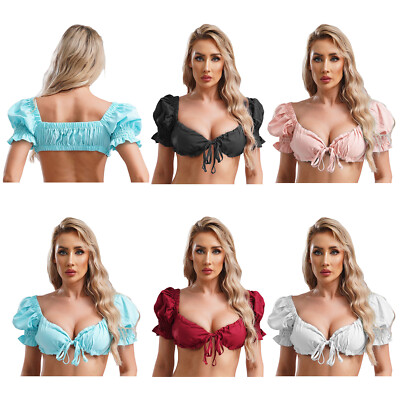 US Womens Shirt Cami Crop Top Short Puff Sleeve Corset Casual Blouse Rave Corset