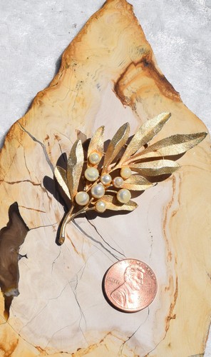 Frosted Gold Branch of Leaves with Pearl Bead Berry Accents Pin/Brooch - 第 1/4 張圖片