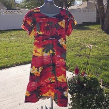 Hawaiian Dress Red w/ Palm Trees Sunset Size XXL 100% Cotton All fashions Hawaii