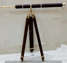Nautical Wood Floor Standing Brass 39 Inch Telescope With Wooden Tripod Stand