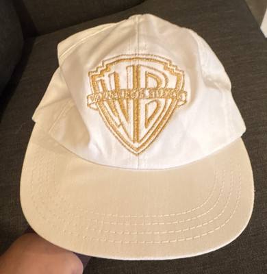 Vintage 1991 Warner Bros. White Baseball Cap Hat with gold embroidery WB logo