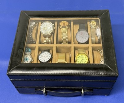 Fossil Leather 10-Watch Case Full Of Watches With Drawer- Clear Cover