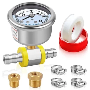 Fuel Pressure Gauge, 3/8'' Barb Fuel Pressure Gauge Kit, 0-60psi Glycerin Filled - Picture 1 of 7