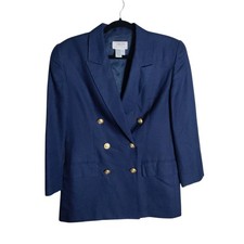 Talbots Petites Navy Blue Double Breasted Linen Blend Blazer Jacket Size 10P