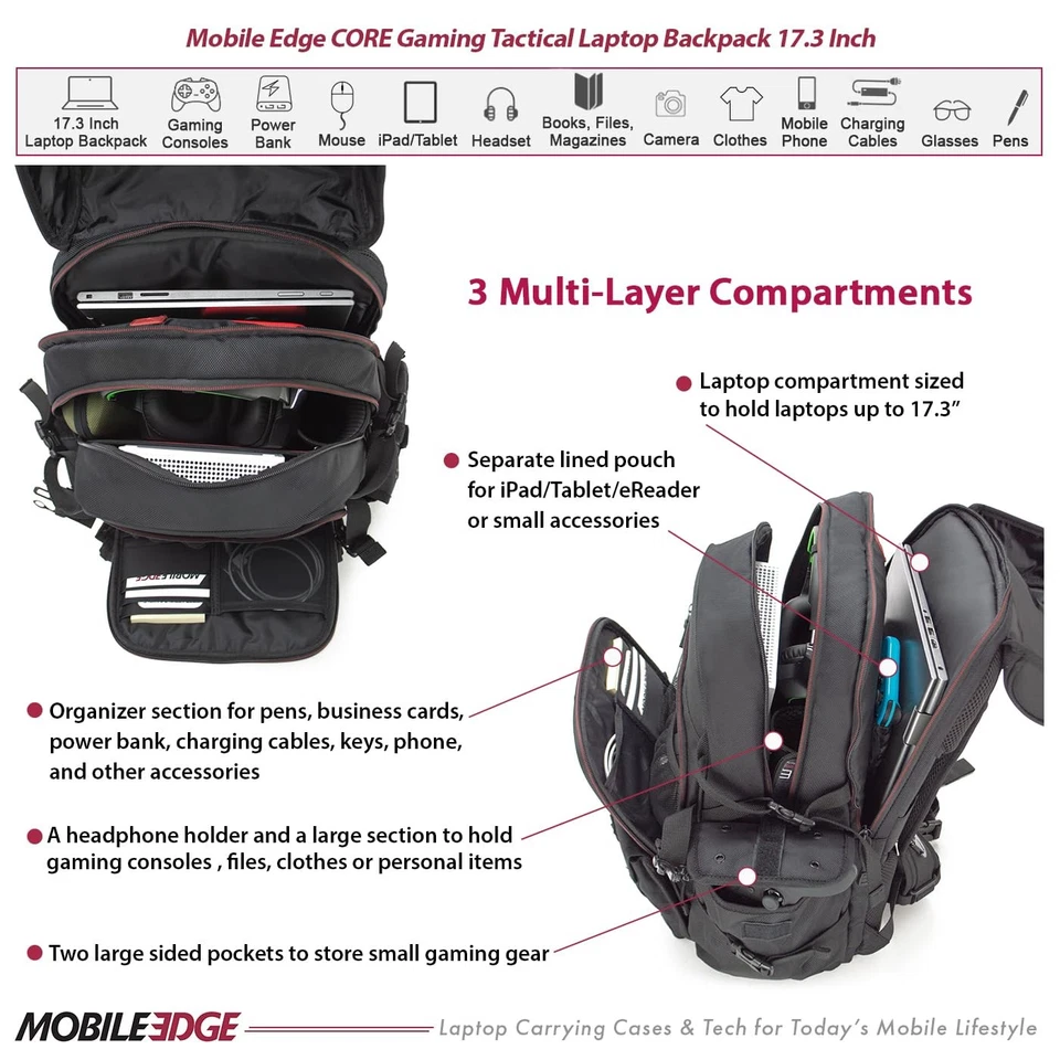 Mochila tática Core Gaming para homens e mulheres, laptop 17 polegadas computador de viagem... - Imagem 2 de 4