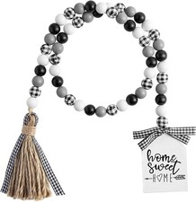 Farmhouse Plaid Wood Bead Garland with Tassel 40inch Hanging Decor Home