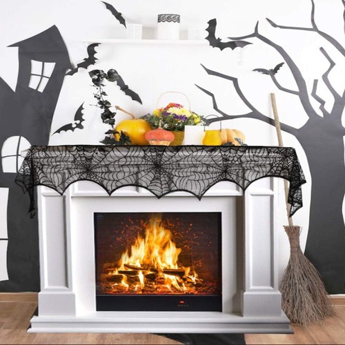 Black Lace Spiderweb Mantle Scarf for Halloween Home Party Supplies, 18 X 96 - Picture 5 of 11
