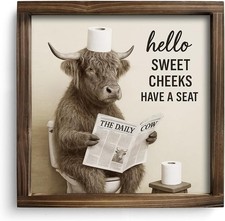 Highland Cow Bathroom Decor Rustic Hello Sweet Cheeks Wooden Sign Funny Weste...
