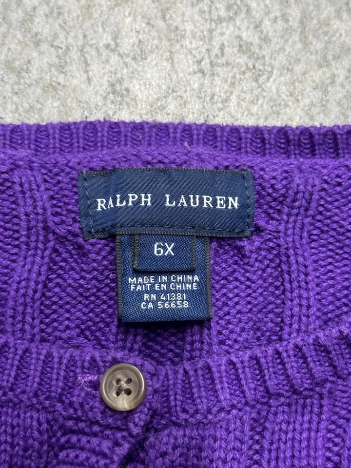 Suéter Ralph Lauren Tejido con Cable Jóvenes Niñas Talla 6X Parches en el Codo de Cuero Púrpura Foto 3 de 4