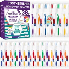 Disposable Toothbrush with Pack of 38, Red Green Blue Yellow Purple