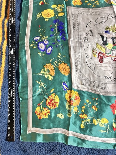 Designer Inspired Silk Scarf Quai Aux Fleurs Emerald Green Hand-Rolled Edges 31” - Picture 3 of 24