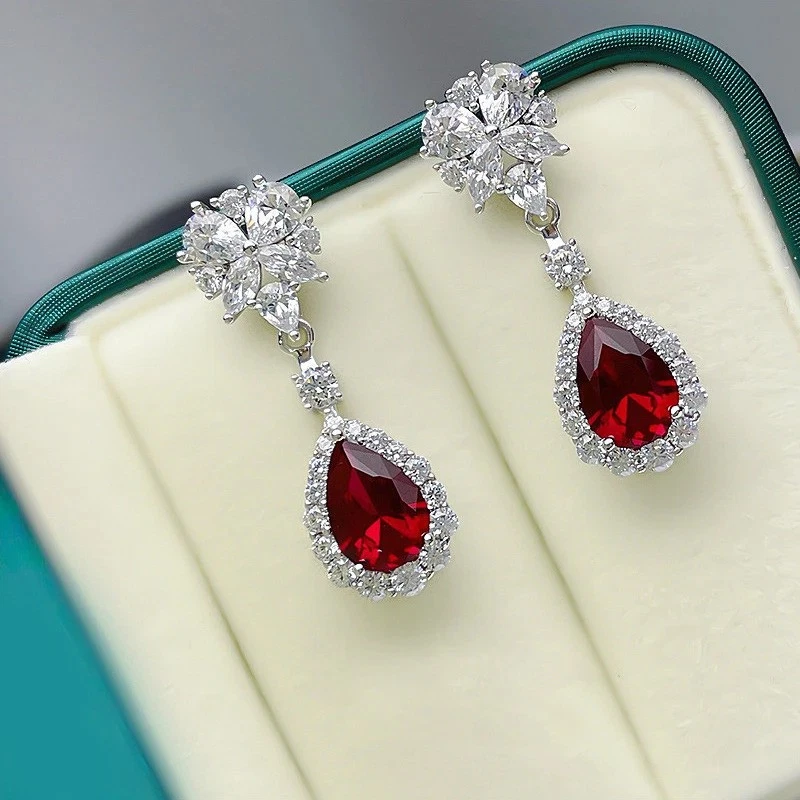 Lab Created Ruby & Diamond 14K White Gold Over Dangle Earrings for Women Gift - Image 3 of 4