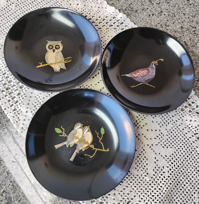 Rare Couroc Bird Series Black Satin Ware Shallow Bowls Inlaid Owl Quail Sparrows