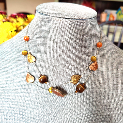 Beautiful Woman's Fashion Necklace Brown Floating Bead Double Strand Silver Tone - Picture 3 of 4
