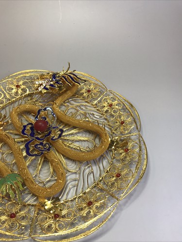 Vtg Chinese Asian Enameled Gold Filigree Mesh Cloisonné Dragon Plate - Picture 3 of 11
