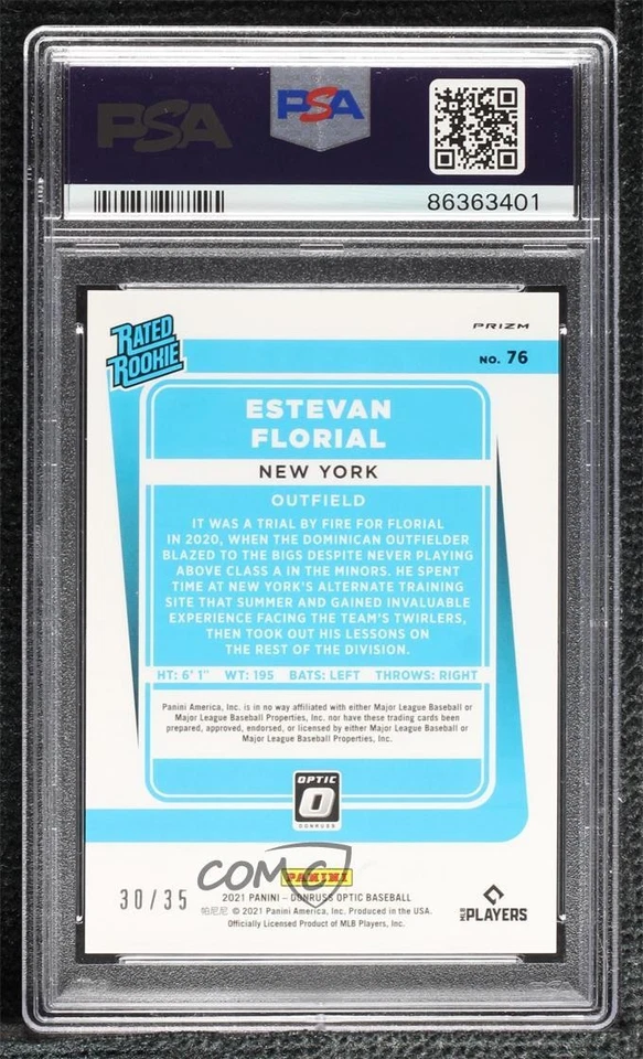 2021 Donruss Optic Rated Teal Velocity Prizm /35 Estevan Florial PSA 9 Rookie RC - Image 2 of 2
