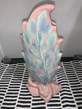 Royal Haeger Art Pottery Leaf  Shaped Vase in Pink and Blues 12.25”