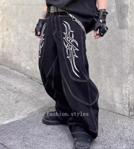 Men's Black Denim Cotton Jeans Printed Straight Wide Leg Casual Punk Pants New - Picture 14 of 25