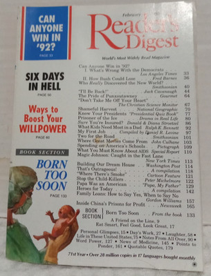 READERS DIGEST Magazine February 1992 Can Anyone win in 92? Born Too Soon