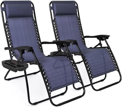 2pc Zero Gravity Recliner Chair Folding Outdoor Patio Lounge Chair w/ Cup Holder
