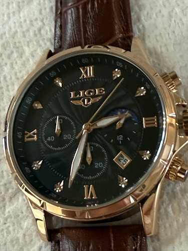 LIGE Mens Watch Green Dial Chronograph with Moon Phase Date Brown Leather Strap
