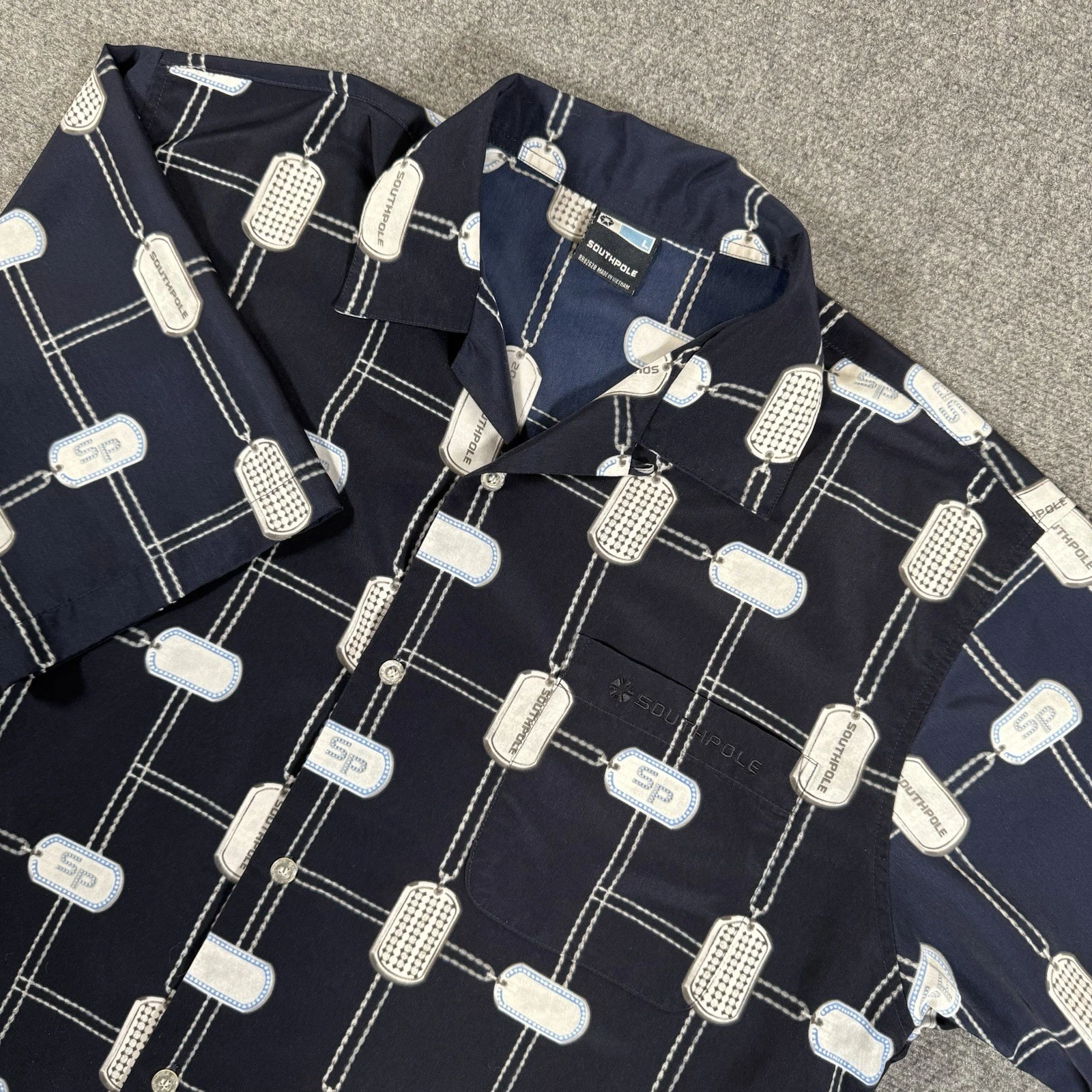 Southpole Shirt Mens Large Blue Camp Loop Collar Short Sleeve Button Up