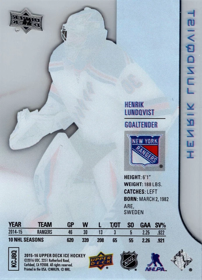 2015-16 Upper Deck Ice #42 Henrik Lundqvist - Image 2 of 2