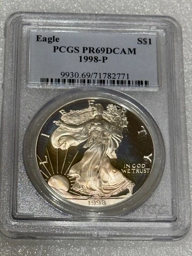 1998 P Proof Silver Eagle PCGS PR69 DCAM Blue Label ~~ Golden Beauty