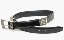 BRIGHTON Black Segmented Leather Belt Floral Buckle SIZE M/L 32 long USA Made