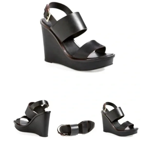 Tory Burch 黑色皮革 Lexington 凉鞋厚底楔形鞋跟女式 5.5M 码 — 第 2/4 张图片