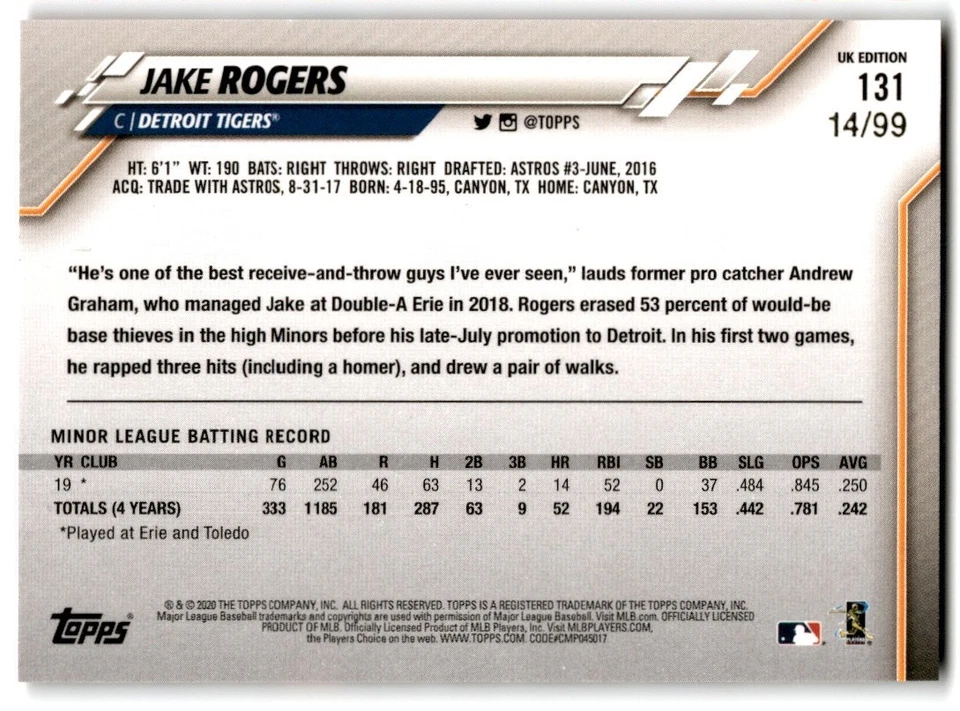 2020 Topps UK Edition Jake Rogers RC /99 Detroit Tigers #131 - Image 2 of 2