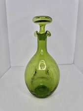 Vintage MCM Pilgrim Glass Pinched Decanter In Olive Green Crackle 12.5 Stunning
