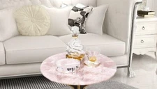Round Rose Quartz Gemstone Coffee Table Top Luxury Handmade Furniture Home Decor