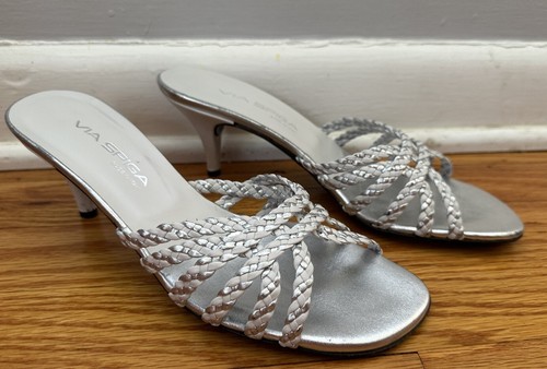 Via Spiga Women Silver and White Braided Kitten Heels US 8 Slip On Sandals - Picture 4 of 22
