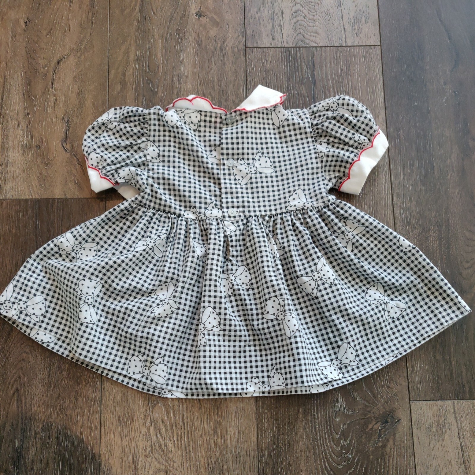 Vintage Baby Togs Baby Girl Dress Gingham Plaid Ribbon Print Black
