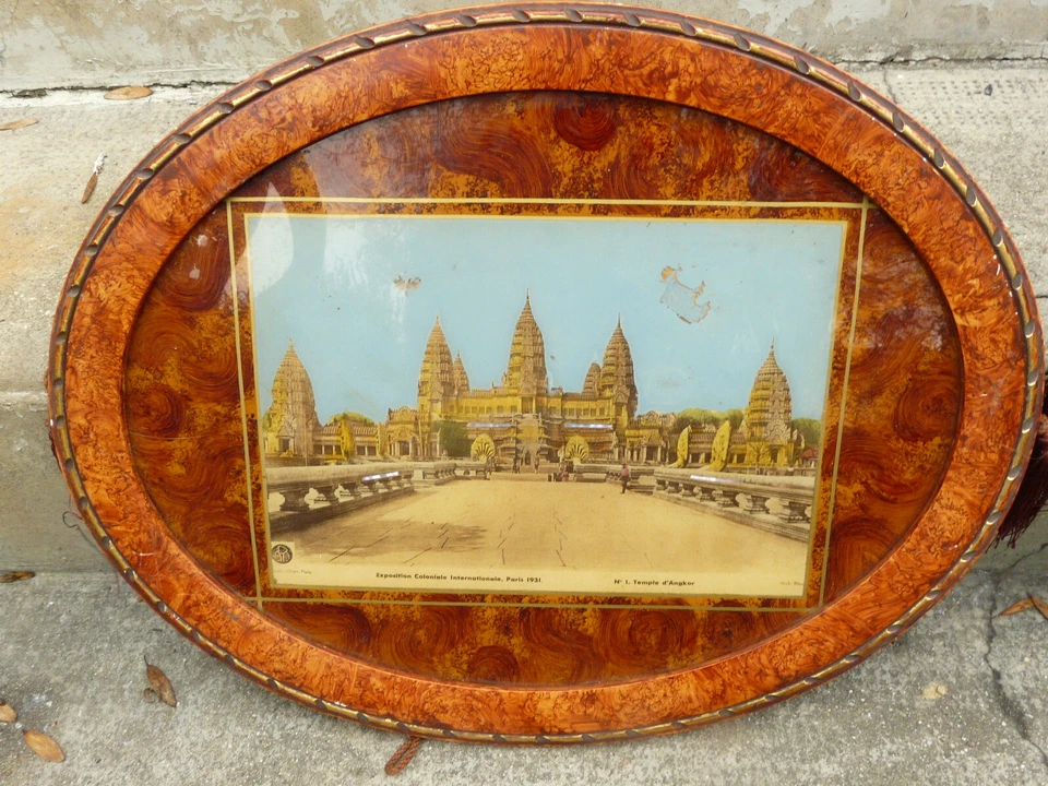 Paire de cadre ovale fixé sous verre exposition coloniale 1931 temple Angkor - Photo 2/4