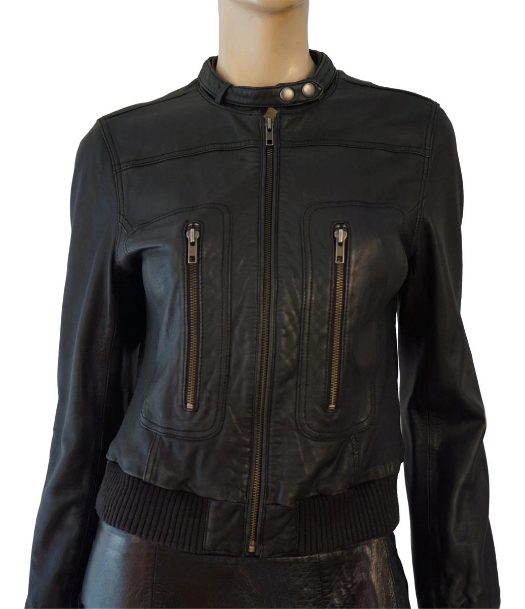 JOIE Danica Black Lambskin Leather Moto Bomber Jacket S