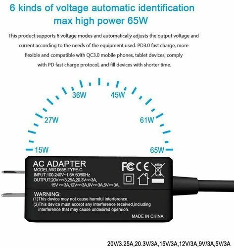 Laptop Charger 65W USB-C Type-C AC Power Adapter For HP DELL ASUS Lenovo MacBook - Picture 10 of 17